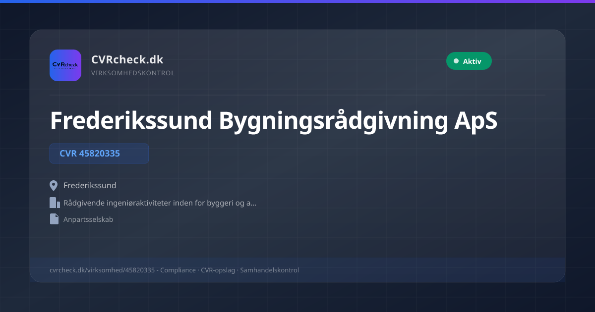Visitkort: Frederikssund Bygningsrådgivning ApS, CVR 45820335, Rådgivende ingeniøraktiviteter inden for byggeri og anlægsarbejder, Frederikssund, NORMAL