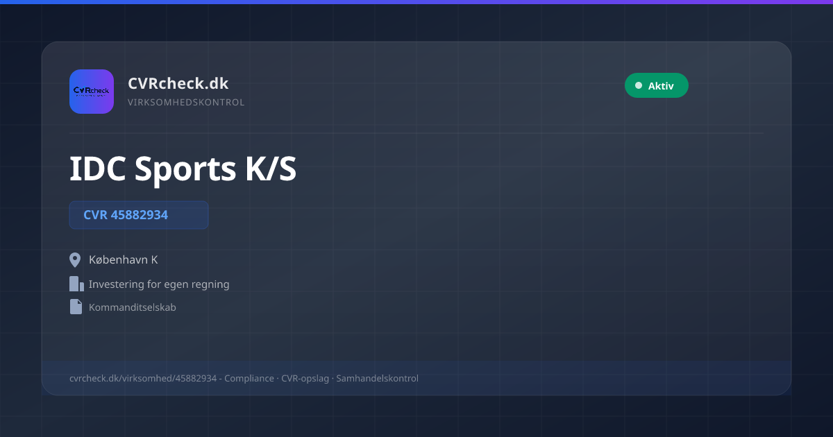 Visitkort: IDC Sports K/S, CVR 45882934, Investering for egen regning, København K, NORMAL