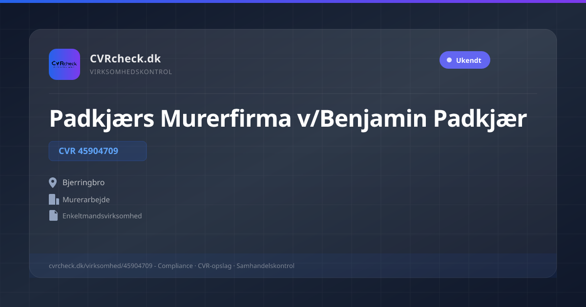 Visitkort: Padkjærs Murerfirma v/Benjamin Padkjær, CVR 45904709, Murerarbejde, Bjerringbro