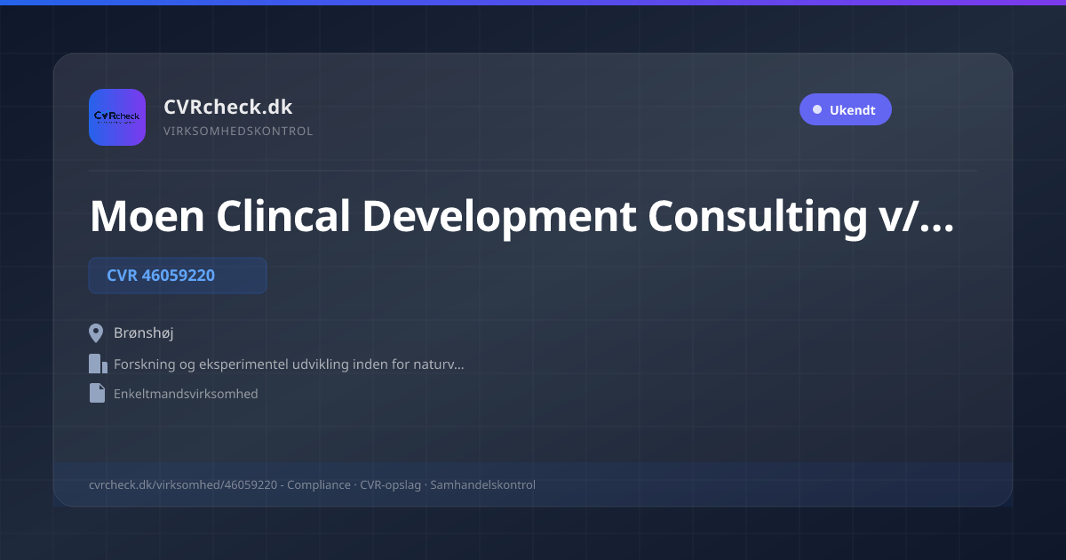 Visitkort: Moen Clincal Development Consulting v/Kjersti Moen, CVR 46059220, Forskning og eksperimentel udvikling inden for naturvidenskab og teknik, Brønshøj