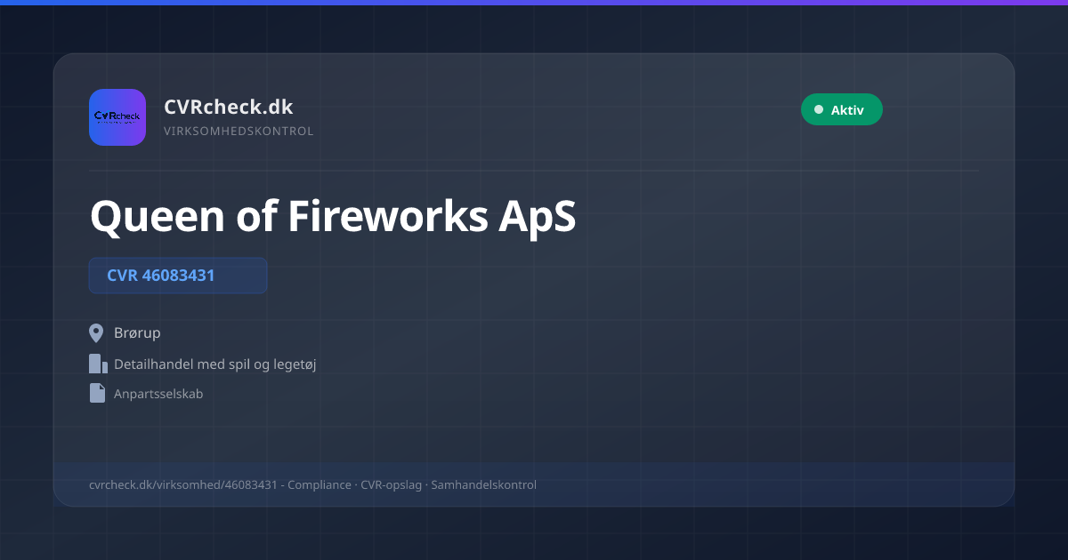 Visitkort: Queen of Fireworks ApS, CVR 46083431, Detailhandel med spil og legetøj, Brørup, NORMAL