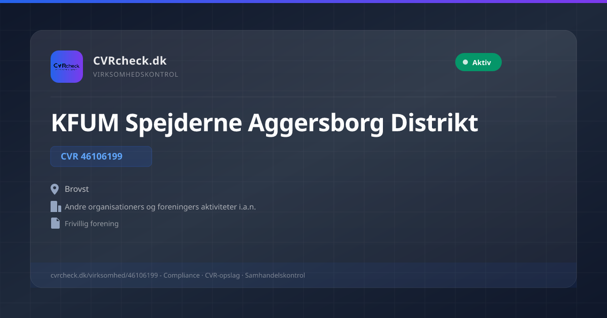 Visitkort: KFUM Spejderne Aggersborg Distrikt, CVR 46106199, Andre organisationers og foreningers aktiviteter i.a.n., Brovst, Aktiv