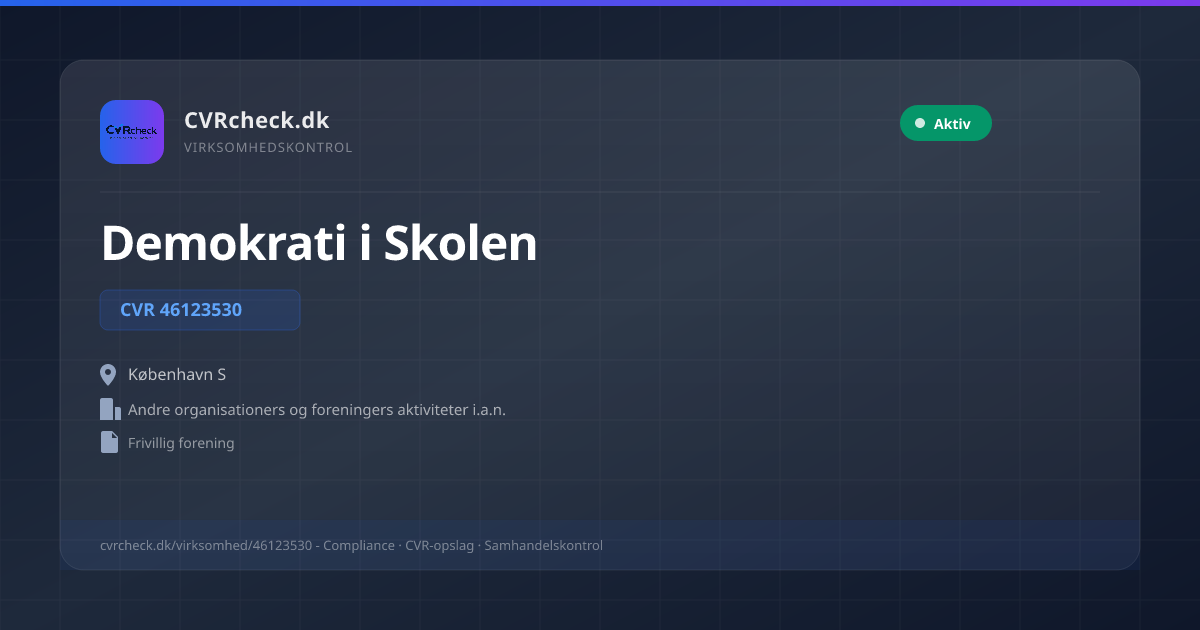 Visitkort: Demokrati i Skolen, CVR 46123530, Andre organisationers og foreningers aktiviteter i.a.n., København S, Aktiv