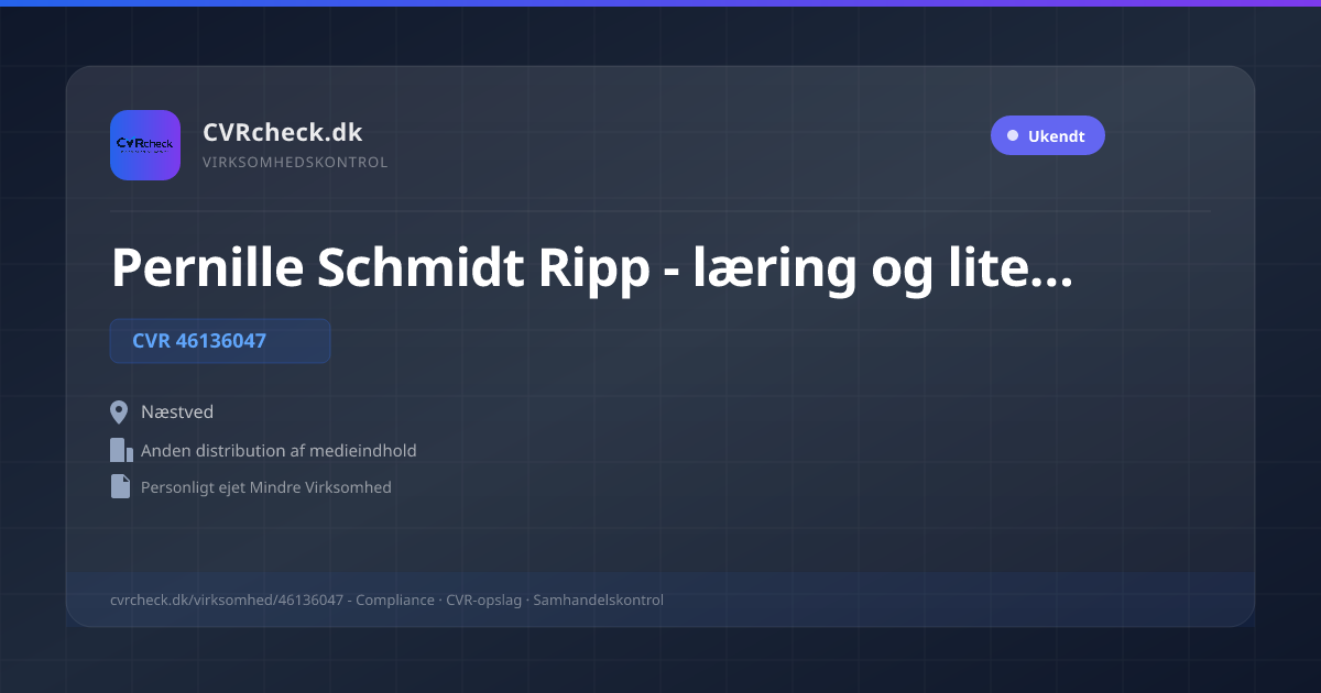 Visitkort: Pernille Schmidt Ripp - læring og literacy, CVR 46136047, Anden distribution af medieindhold, Næstved