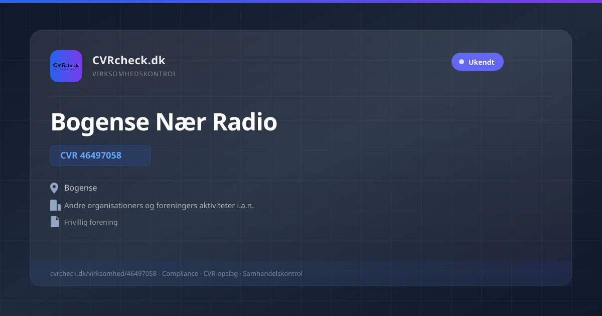 Visitkort: Bogense Nær Radio, CVR 46497058, Andre organisationers og foreningers aktiviteter i.a.n., Bogense
