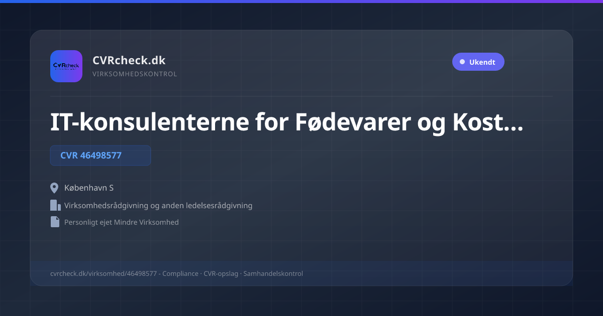 Visitkort: IT-konsulenterne for Fødevarer og Kosttilskud, CVR 46498577, Virksomhedsrådgivning og anden ledelsesrådgivning, København S