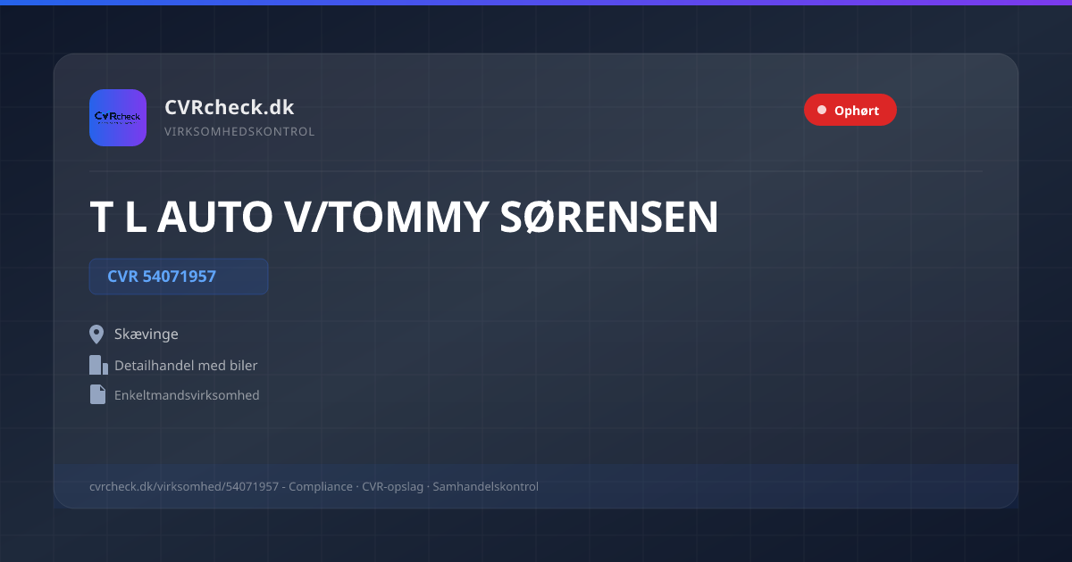 Visitkort: T L AUTO V/TOMMY SØRENSEN, CVR 54071957, Detailhandel med biler, Skævinge, OPHØRT