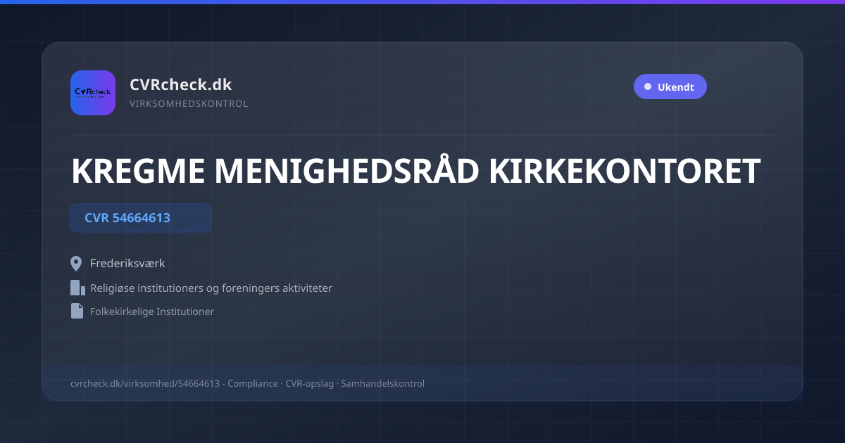 Visitkort: KREGME MENIGHEDSRÅD KIRKEKONTORET, CVR 54664613, Religiøse institutioners og foreningers aktiviteter, Frederiksværk