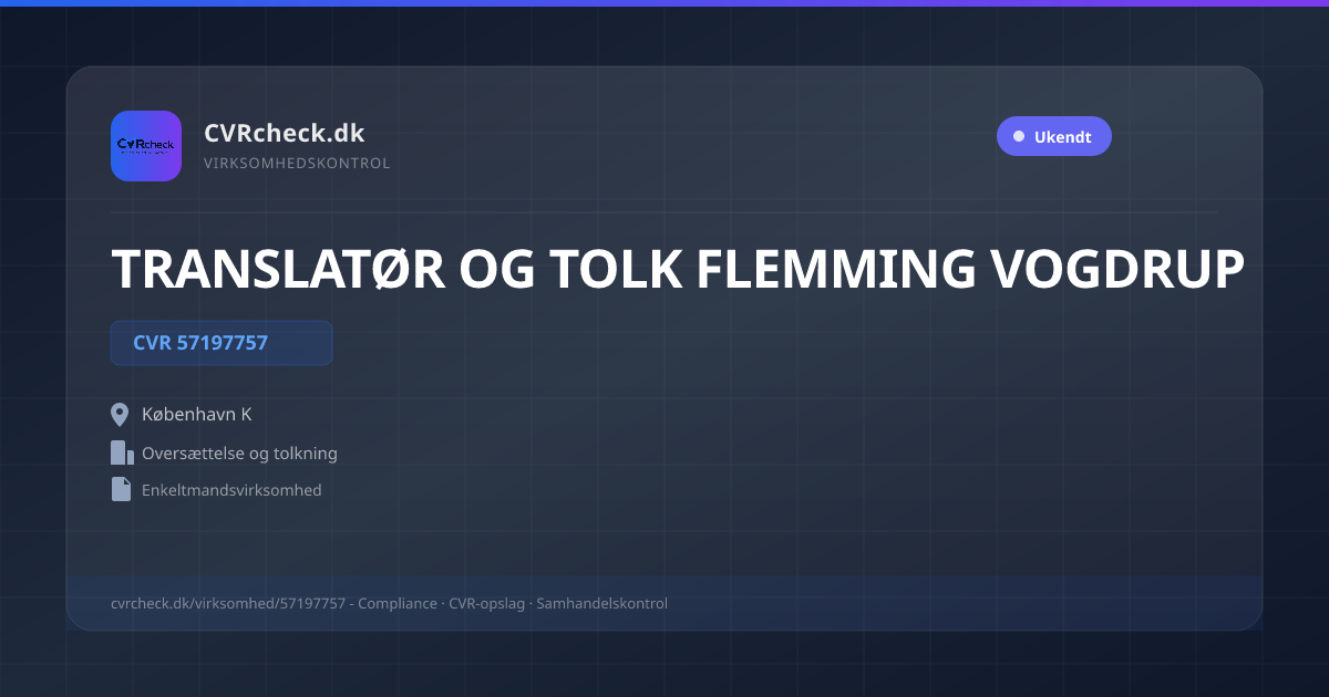 Visitkort: TRANSLATØR OG TOLK FLEMMING VOGDRUP, CVR 57197757, Oversættelse og tolkning, København K