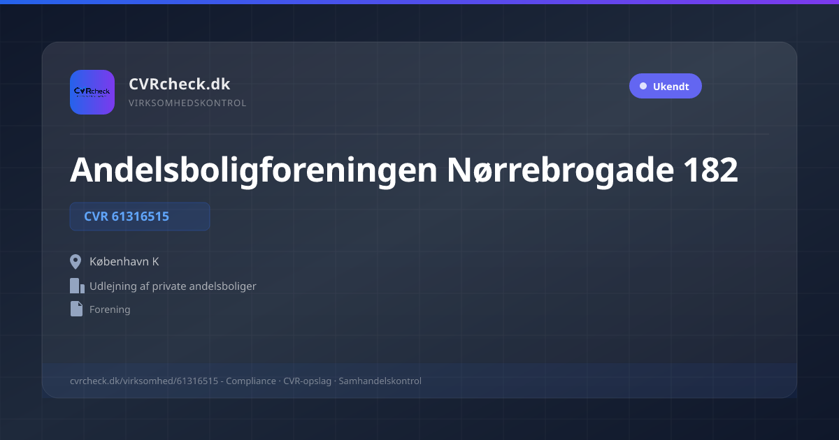 Visitkort: Andelsboligforeningen Nørrebrogade 182, CVR 61316515, Udlejning af private andelsboliger, København K