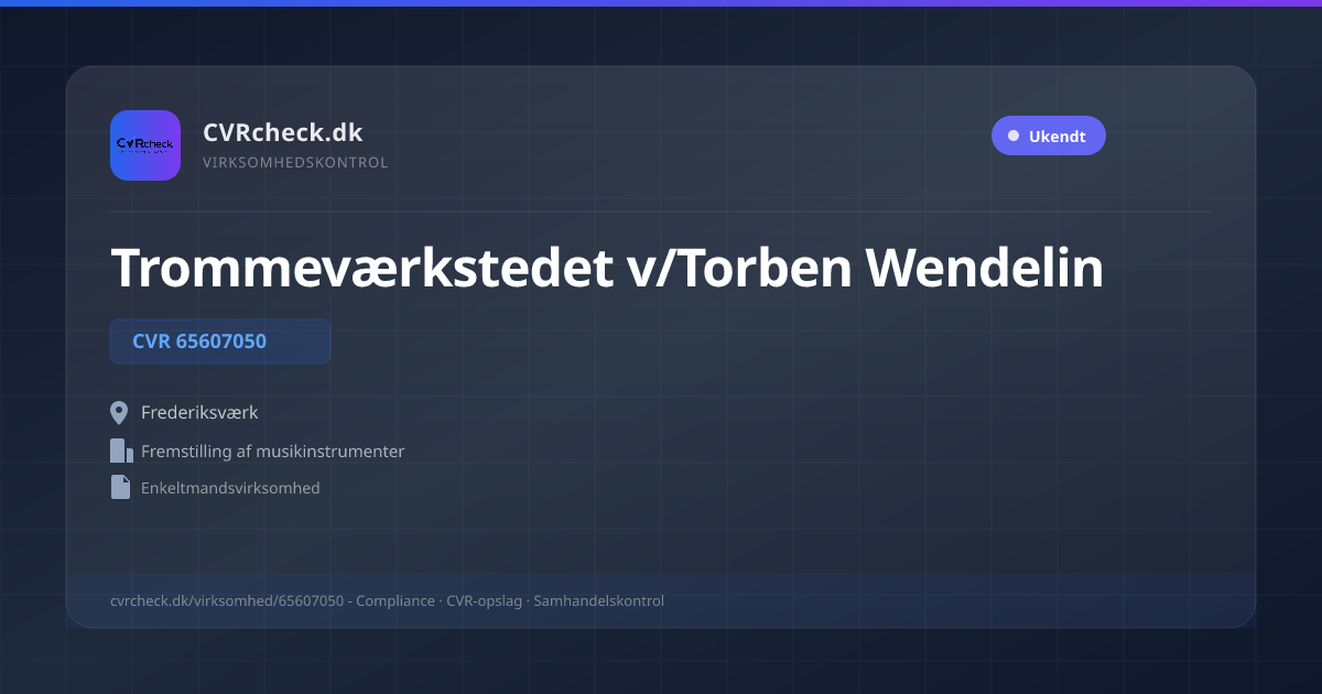Visitkort: Trommeværkstedet v/Torben Wendelin, CVR 65607050, Fremstilling af musikinstrumenter, Frederiksværk