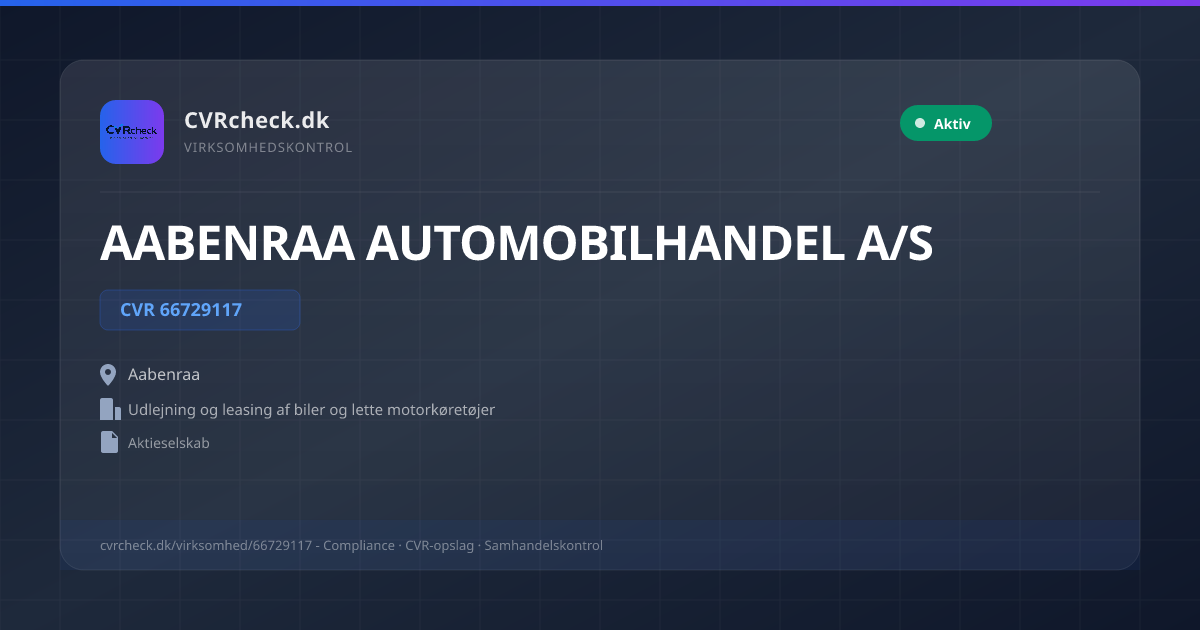 Visitkort: AABENRAA AUTOMOBILHANDEL A/S, CVR 66729117, Udlejning og leasing af biler og lette motorkøretøjer, Aabenraa, NORMAL