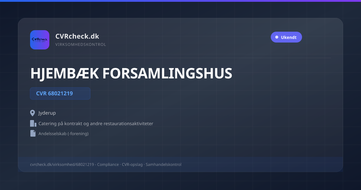 Visitkort: HJEMBÆK FORSAMLINGSHUS, CVR 68021219, Catering på kontrakt og andre restaurationsaktiviteter, Jyderup