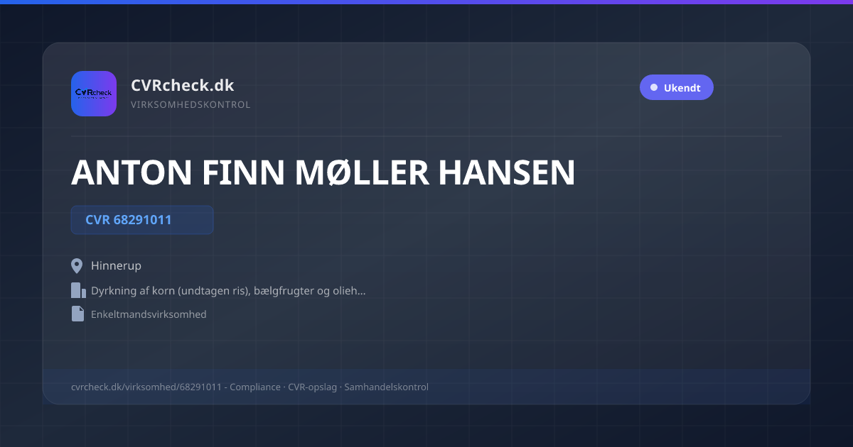 Visitkort: ANTON FINN MØLLER HANSEN, CVR 68291011, Dyrkning af korn (undtagen ris), bælgfrugter og olieholdige frø, Hinnerup