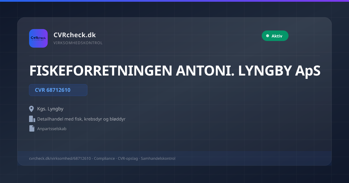 Visitkort: FISKEFORRETNINGEN ANTONI. LYNGBY ApS, CVR 68712610, Detailhandel med fisk, krebsdyr og bløddyr, Kgs. Lyngby, NORMAL