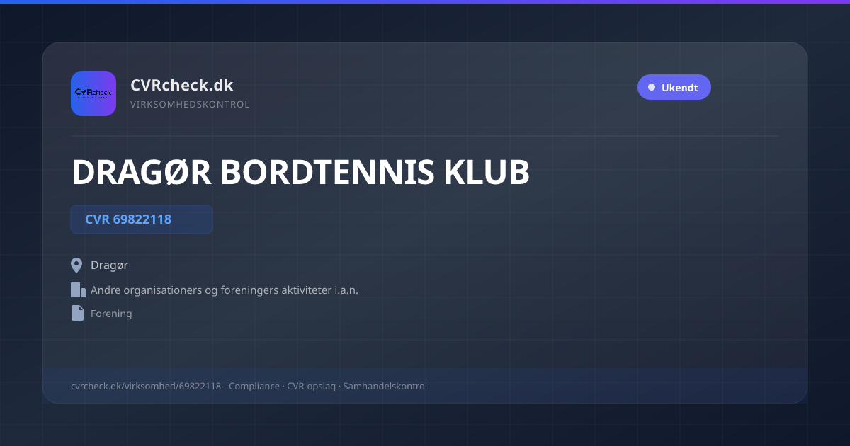 Visitkort: DRAGØR BORDTENNIS KLUB, CVR 69822118, Andre organisationers og foreningers aktiviteter i.a.n., Dragør