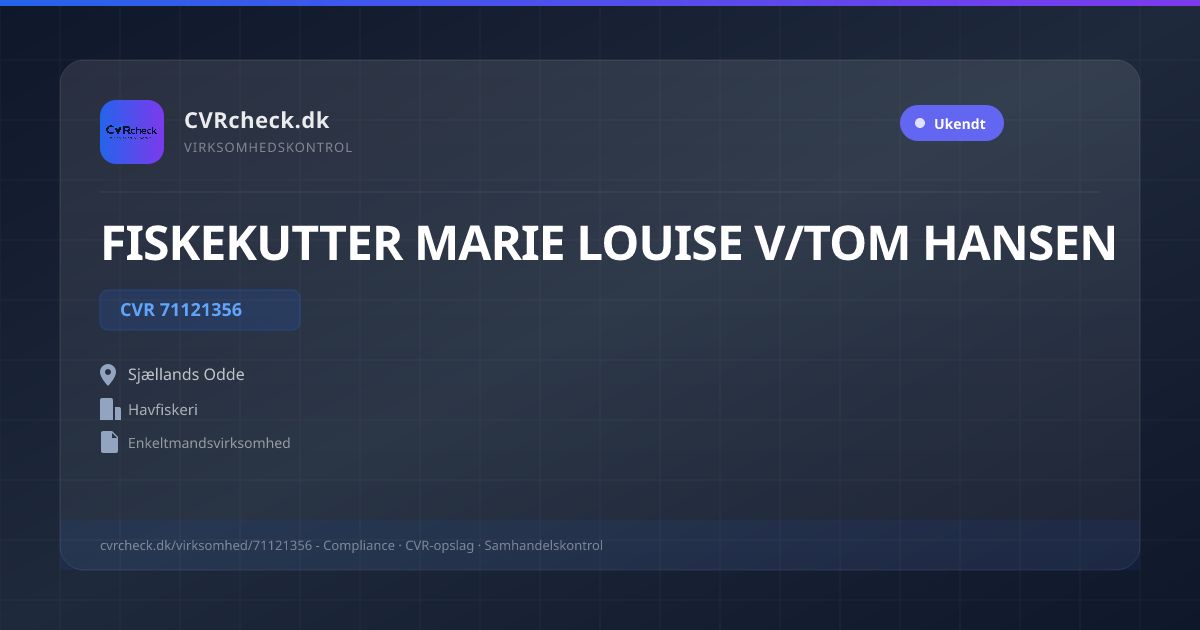 Visitkort: FISKEKUTTER MARIE LOUISE V/TOM HANSEN, CVR 71121356, Havfiskeri, Sjællands Odde