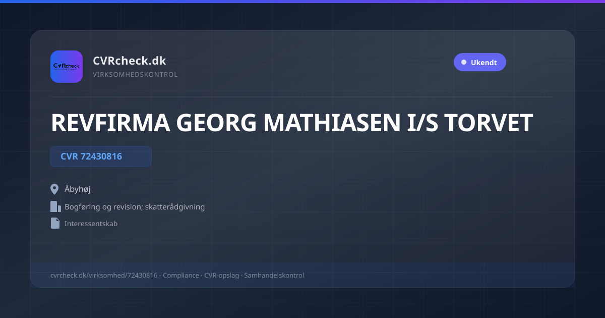 Visitkort: REVFIRMA GEORG MATHIASEN I/S TORVET, CVR 72430816, Bogføring og revision; skatterådgivning, Åbyhøj