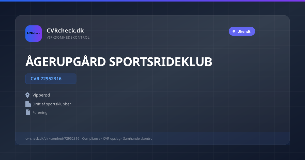 Visitkort: ÅGERUPGÅRD SPORTSRIDEKLUB, CVR 72952316, Drift af sportsklubber, Vipperød