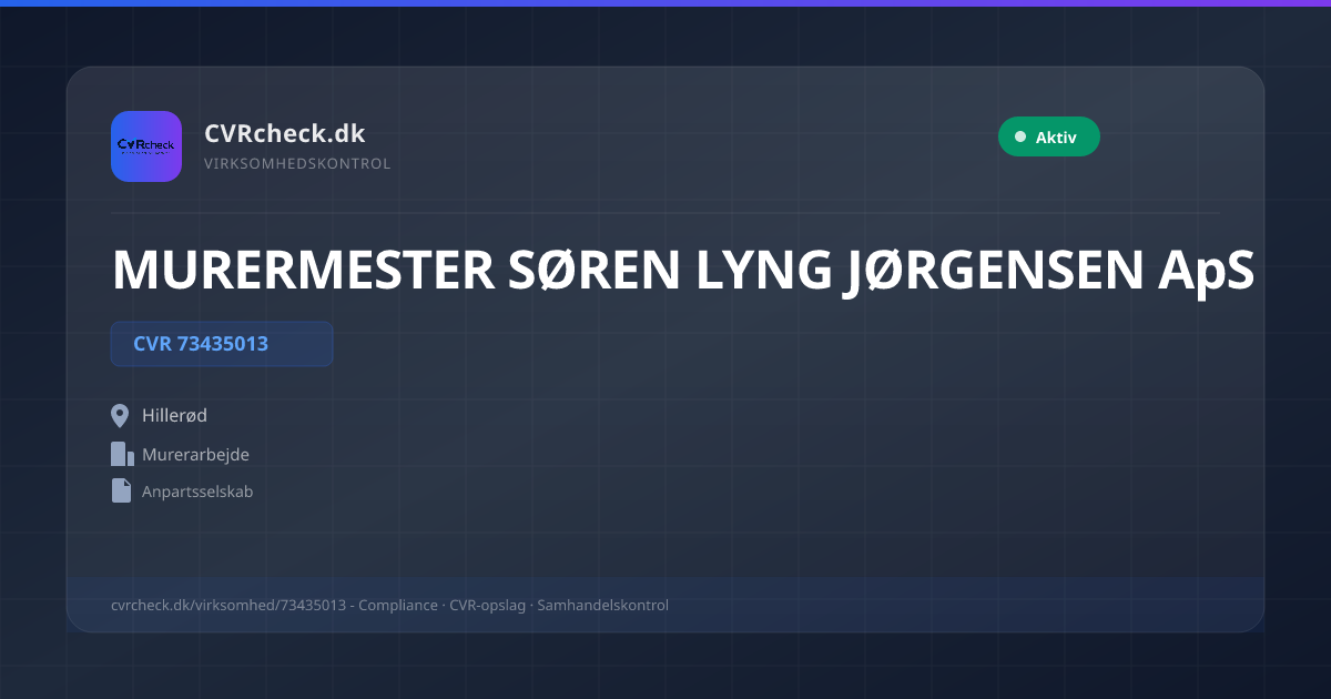 Visitkort: MURERMESTER SØREN LYNG JØRGENSEN ApS, CVR 73435013, Murerarbejde, Hillerød, NORMAL
