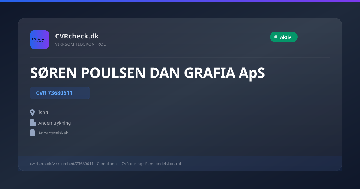 Visitkort: SØREN POULSEN DAN GRAFIA ApS, CVR 73680611, Anden trykning, Ishøj, NORMAL