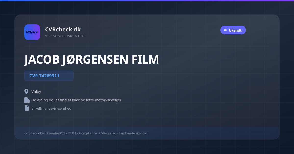 Visitkort: JACOB JØRGENSEN FILM, CVR 74269311, Udlejning og leasing af biler og lette motorkøretøjer, Valby