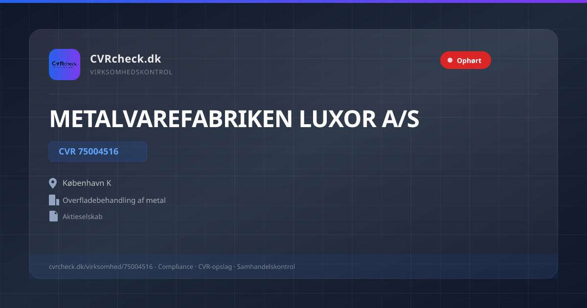 Visitkort: METALVAREFABRIKEN LUXOR A/S, CVR 75004516, Overfladebehandling af metal, København K, OPLØST EFTER FRIVILLIG LIKVIDATION