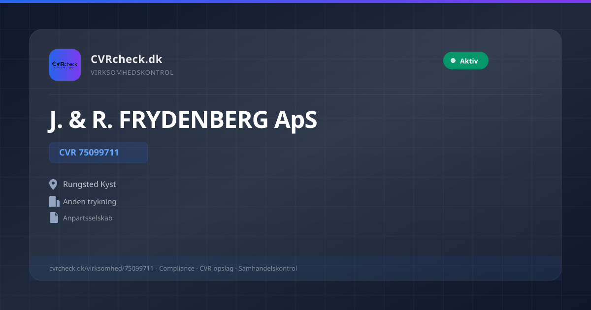 Visitkort: J. & R. FRYDENBERG ApS, CVR 75099711, Anden trykning, Rungsted Kyst, NORMAL