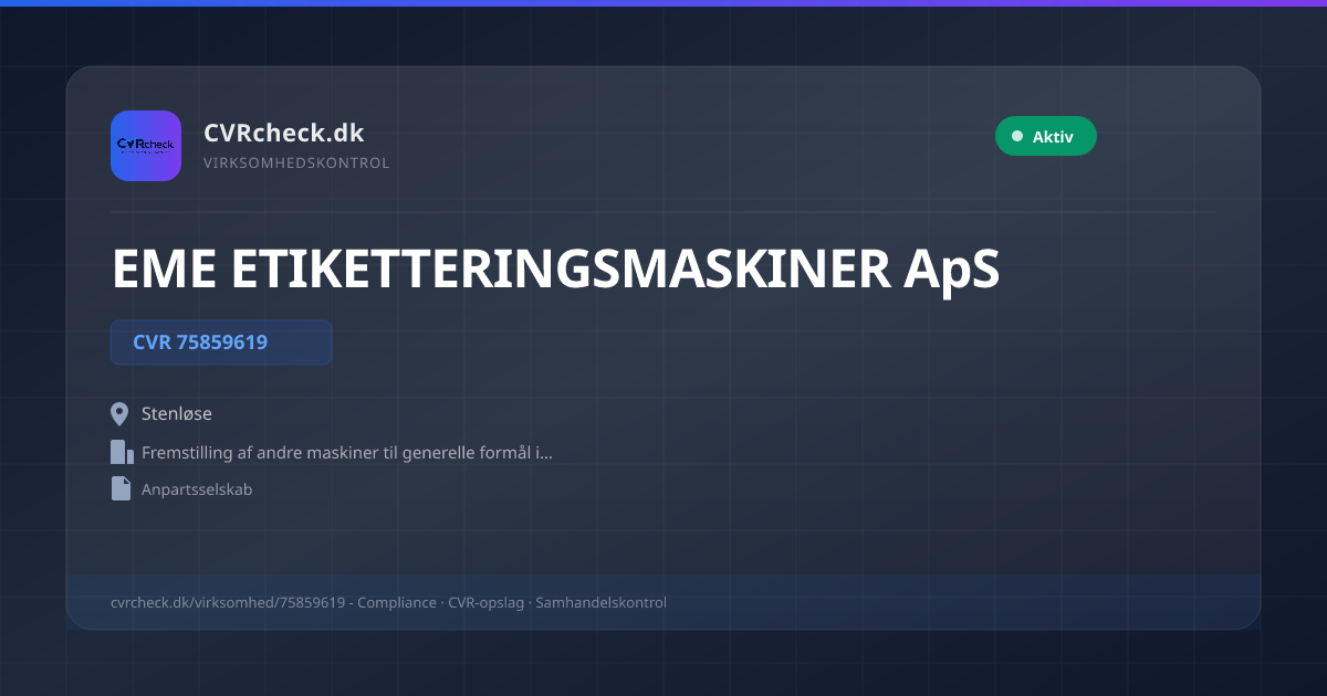 Visitkort: EME ETIKETTERINGSMASKINER ApS, CVR 75859619, Fremstilling af andre maskiner til generelle formål i.a.n., Stenløse, NORMAL
