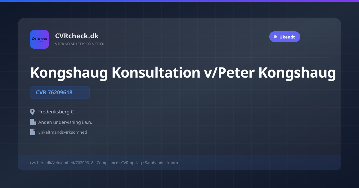 Visitkort: Kongshaug Konsultation v/Peter Kongshaug, CVR 76209618, Anden undervisning i.a.n., Frederiksberg C