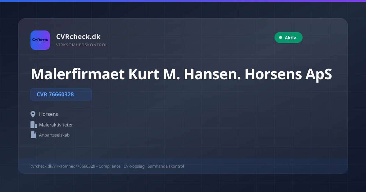 Visitkort: Malerfirmaet Kurt M. Hansen. Horsens ApS, CVR 76660328, Maleraktiviteter, Horsens, NORMAL