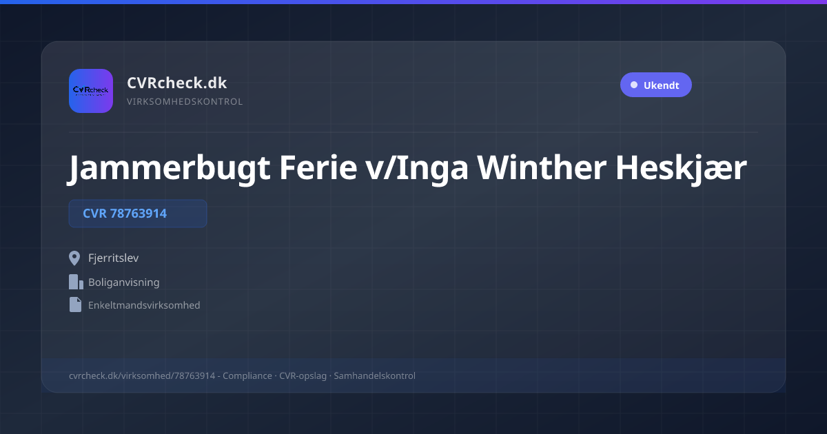Visitkort: Jammerbugt Ferie v/Inga Winther Heskjær, CVR 78763914, Boliganvisning, Fjerritslev