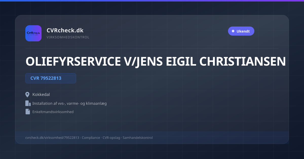 Visitkort: OLIEFYRSERVICE V/JENS EIGIL CHRISTIANSEN, CVR 79522813, Installation af vvs-, varme- og klimaanlæg, Kokkedal