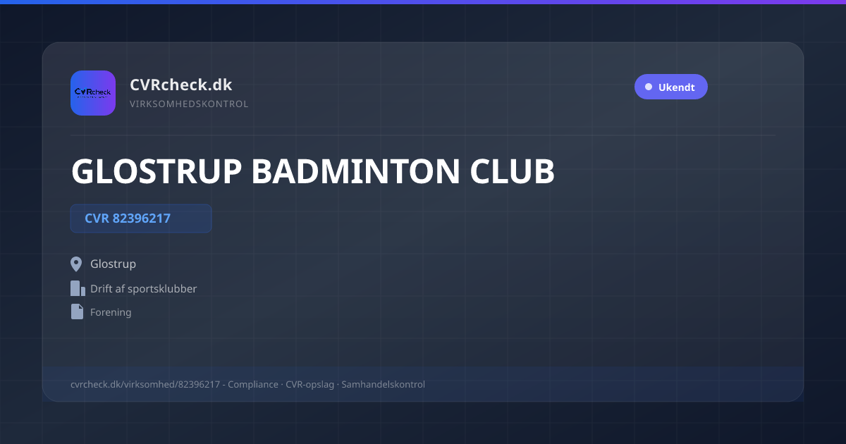 Visitkort: GLOSTRUP BADMINTON CLUB, CVR 82396217, Drift af sportsklubber, Glostrup