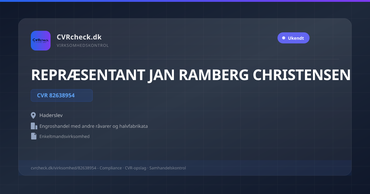 Visitkort: REPRÆSENTANT JAN RAMBERG CHRISTENSEN, CVR 82638954, Engroshandel med andre råvarer og halvfabrikata, Haderslev