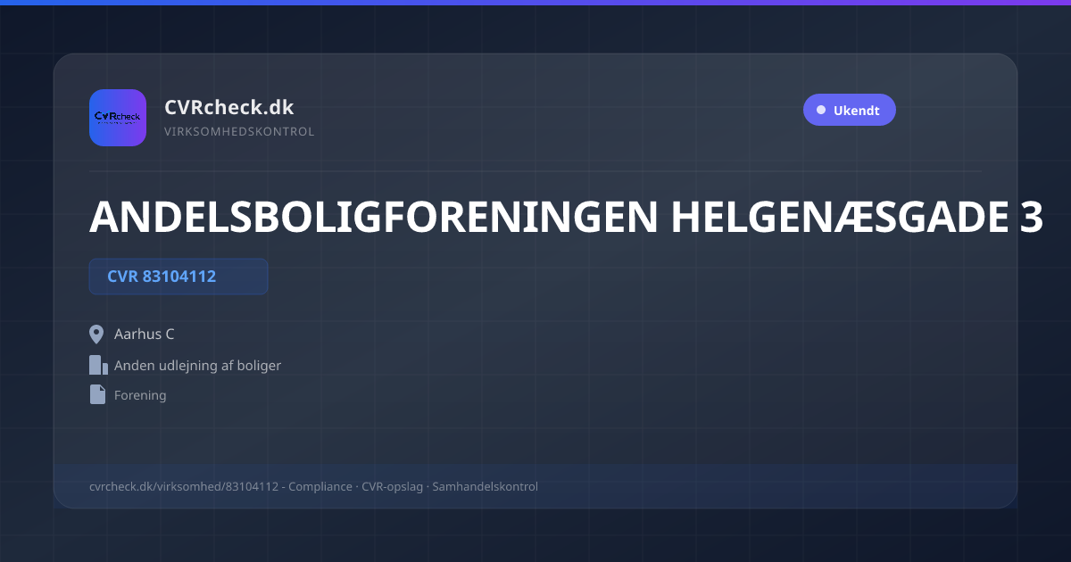Visitkort: ANDELSBOLIGFORENINGEN HELGENÆSGADE 3, CVR 83104112, Anden udlejning af boliger, Aarhus C