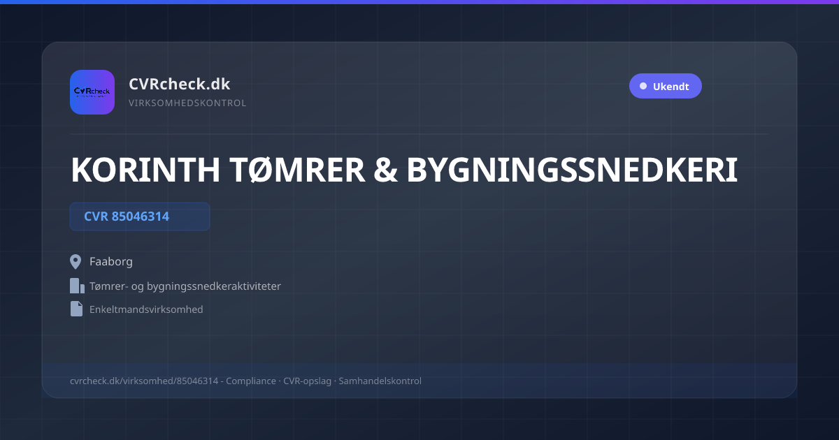 Visitkort: KORINTH TØMRER & BYGNINGSSNEDKERI, CVR 85046314, Tømrer- og bygningssnedkeraktiviteter, Faaborg