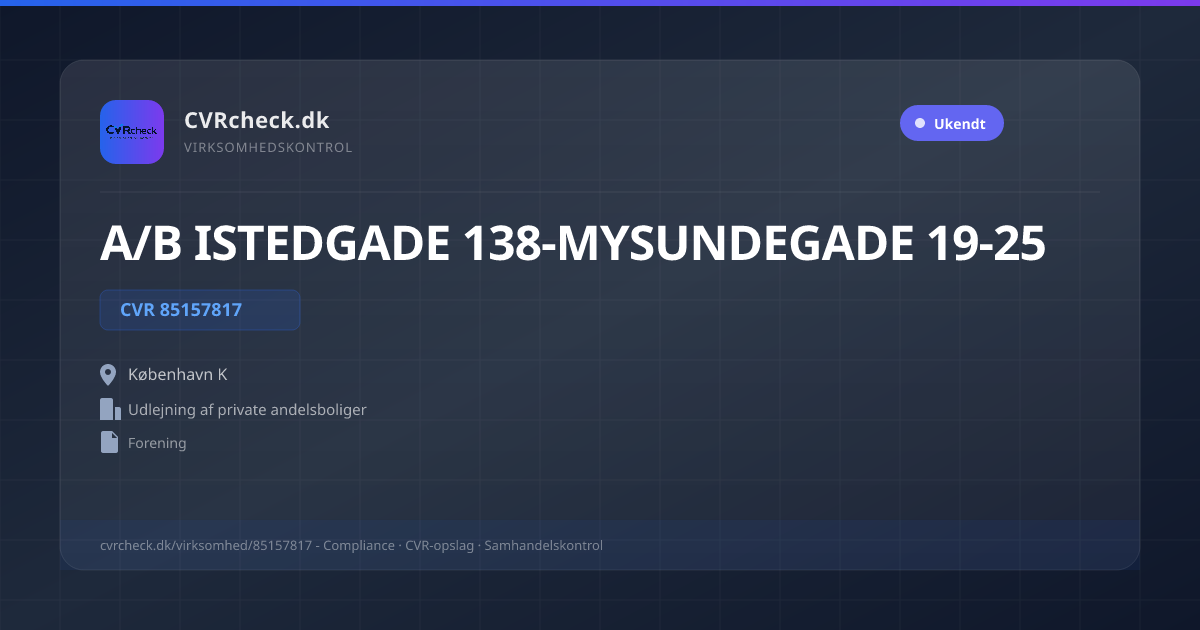 Visitkort: A/B ISTEDGADE 138-MYSUNDEGADE 19-25, CVR 85157817, Udlejning af private andelsboliger, København K