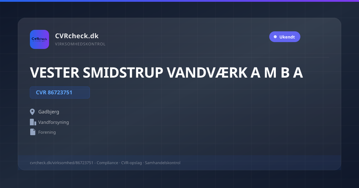 Visitkort: VESTER SMIDSTRUP VANDVÆRK A M B A, CVR 86723751, Vandforsyning, Gadbjerg