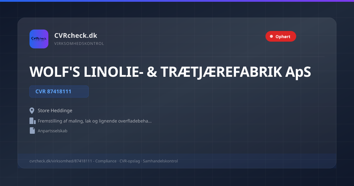 Visitkort: WOLF'S LINOLIE- & TRÆTJÆREFABRIK ApS, CVR 87418111, Fremstilling af maling, lak og lignende overfladebehandlingsmidler, trykfarver samt tætningsmaterialer, Store Heddinge, OPLØST EFTER FRIVILLIG LIKVIDATION