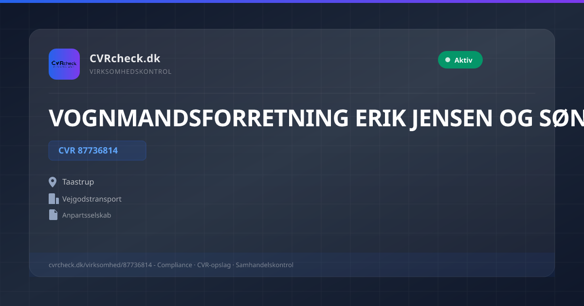 Visitkort: VOGNMANDSFORRETNING ERIK JENSEN OG SØNNER ApS, CVR 87736814, Vejgodstransport, Taastrup, NORMAL