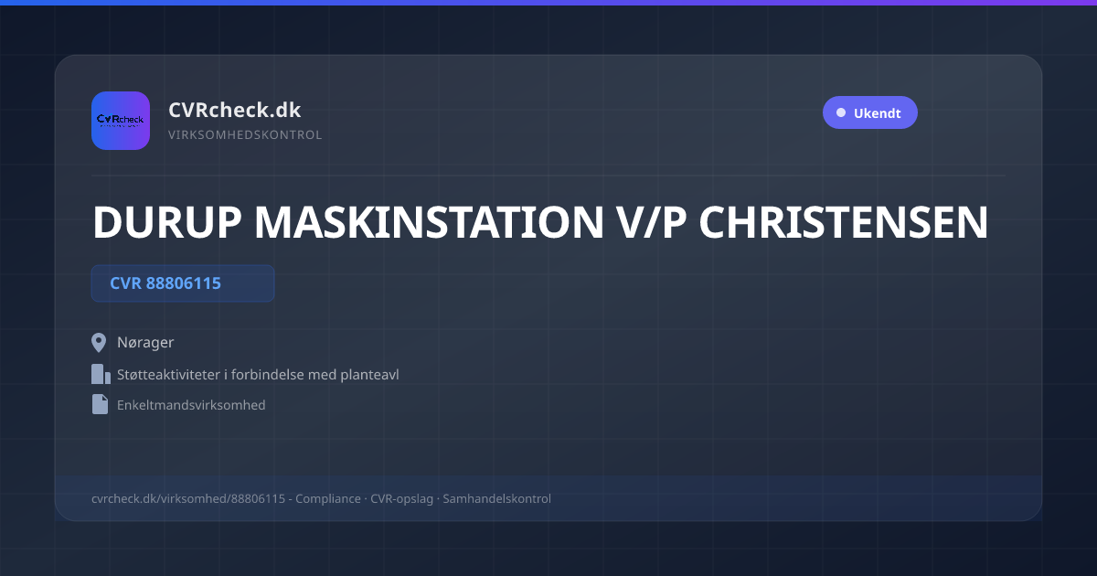 Visitkort: DURUP MASKINSTATION V/P CHRISTENSEN, CVR 88806115, Støtteaktiviteter i forbindelse med planteavl, Nørager
