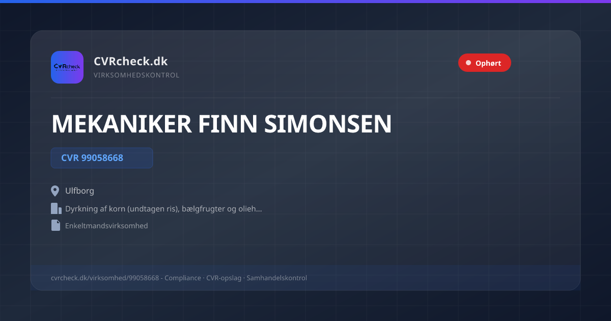 Visitkort: MEKANIKER FINN SIMONSEN, CVR 99058668, Dyrkning af korn (undtagen ris), bælgfrugter og olieholdige frø, Ulfborg, Ophørt