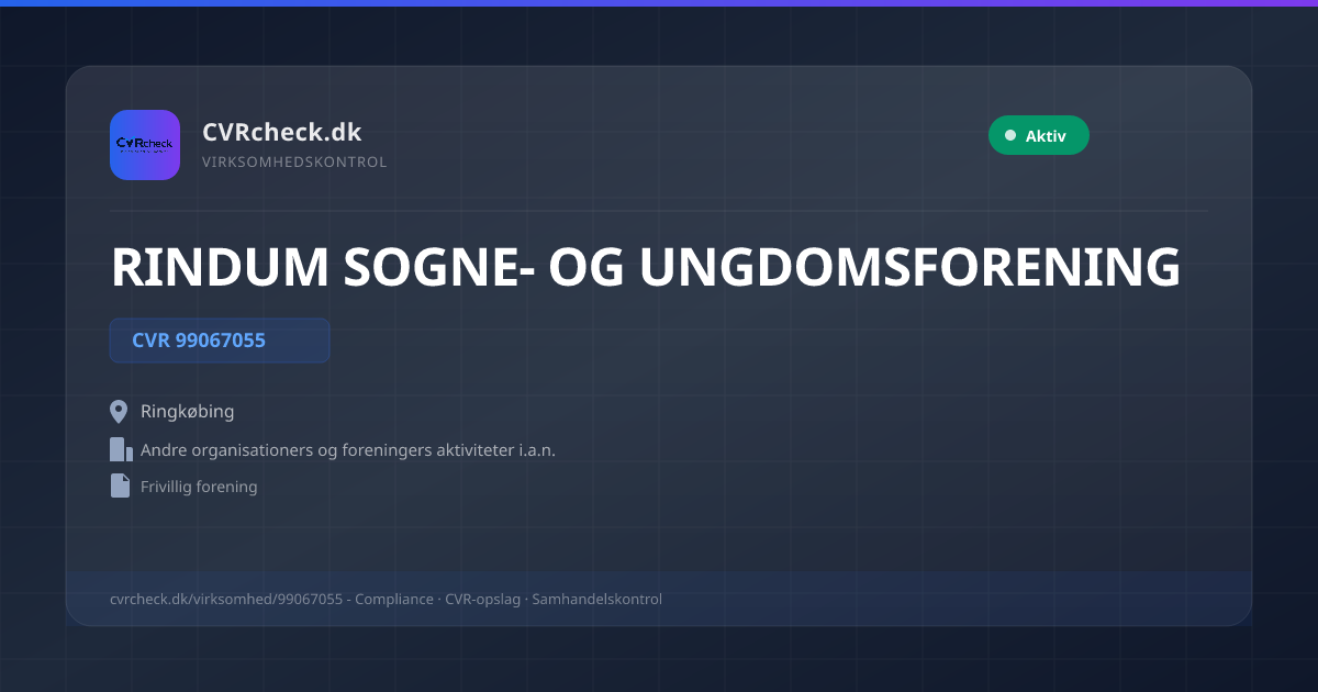 Visitkort: RINDUM SOGNE- OG UNGDOMSFORENING, CVR 99067055, Andre organisationers og foreningers aktiviteter i.a.n., Ringkøbing, Aktiv